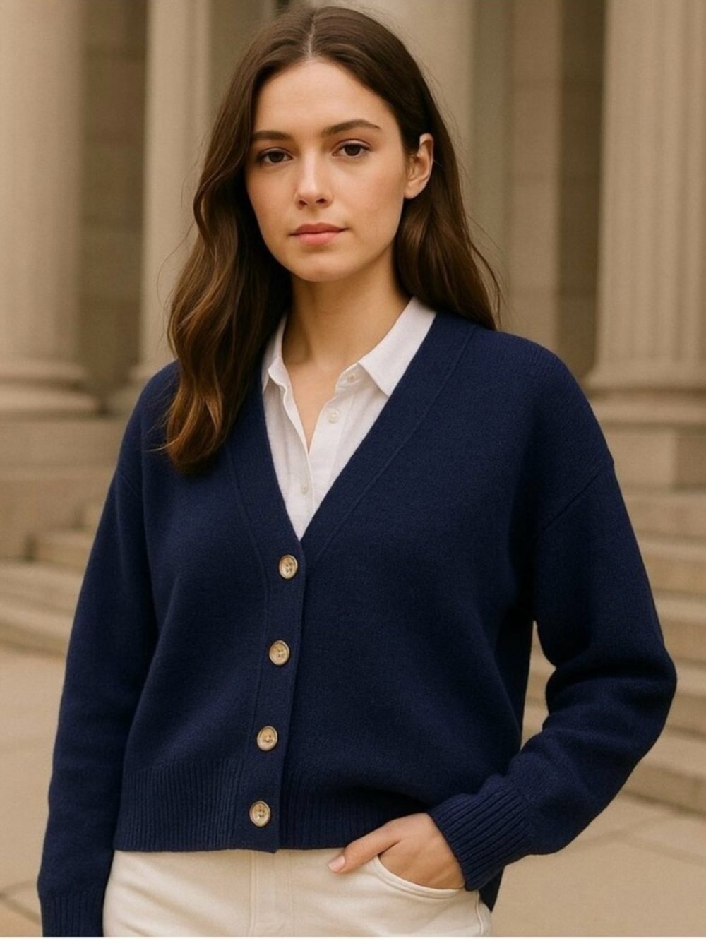 YAS Classic V-Neck Navy Button-Front Women's Cardigan Sweater - Picture 1 of 5